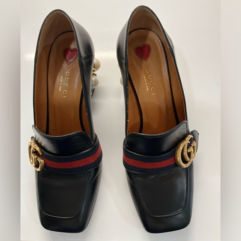 Gucci Black Heels with Gold Logo and Red Stripe